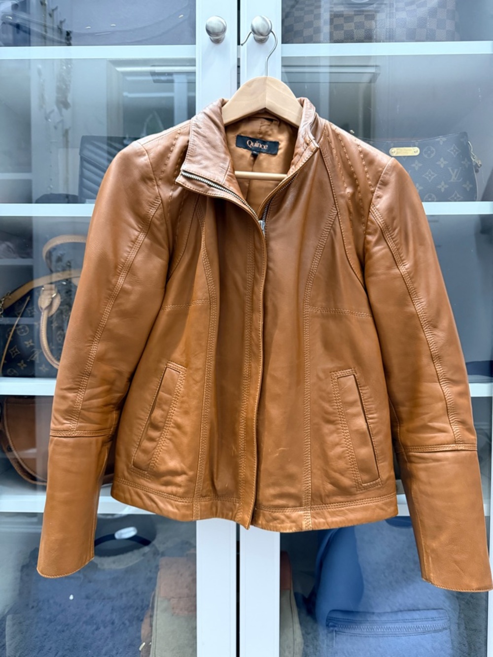 Quince Women's 100% Leather Stand Collar Jacket cognac